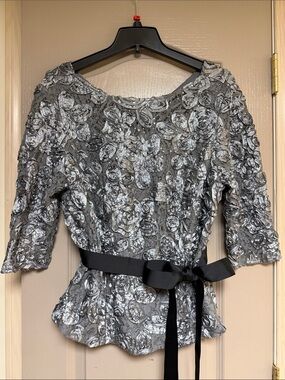 Alex Evenings Embellished Heather Gray Floral Peplum Top with Black Sash